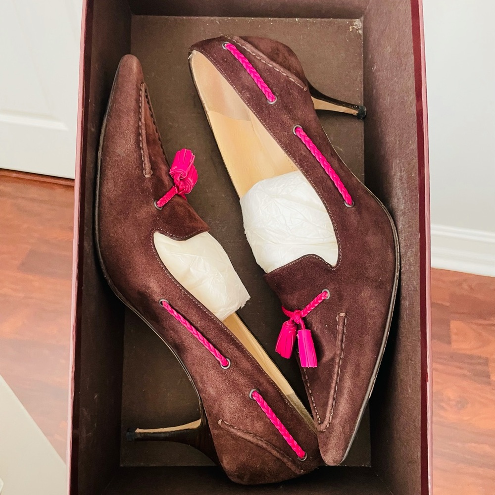 Cole Haan Brown Suede Pink Tassle Pumps - Picture 6 of 9